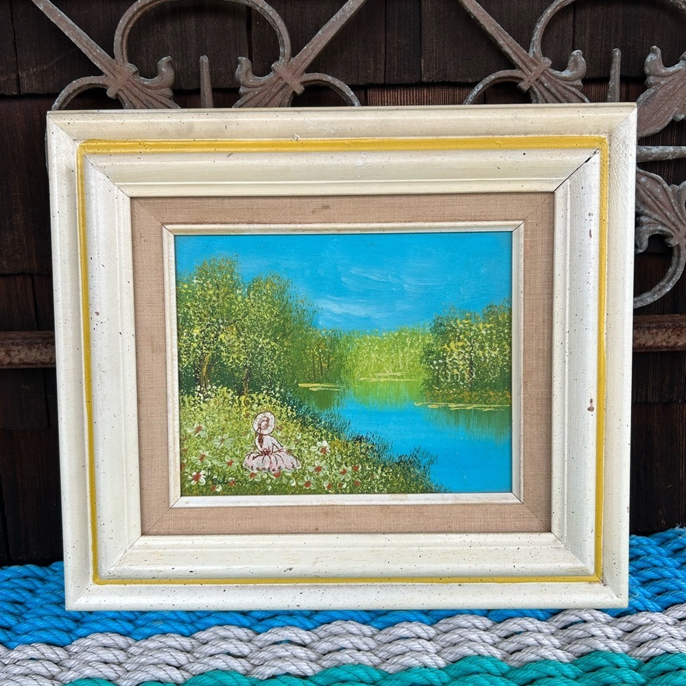 Vintage Landscape Impressionist Oil Painting of a Lady by a Lake.
